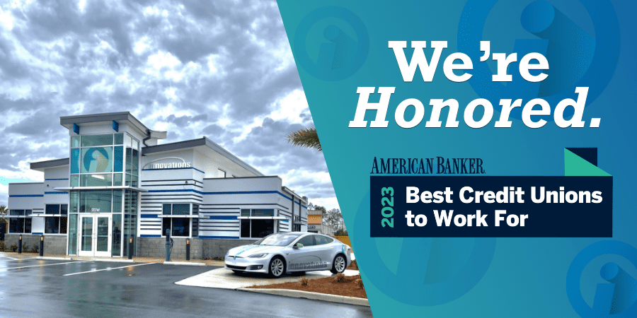 Curb view of an Innovations branch. At the right, the words: we're honored.