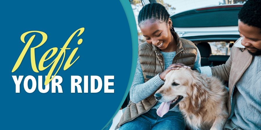 An African American couple sitting in the trunk of their car petting their smiling dog. At the left, the words: refi your ride