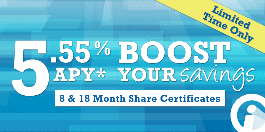 Large font against a pattern background: 5.55% APY boost your savings 8 & 18 month share certificates.