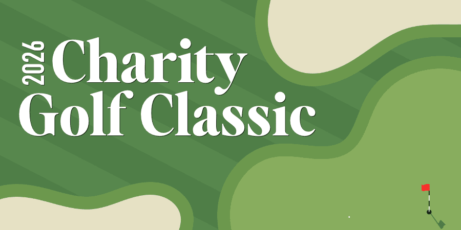 An illustration of a golf course. At the left, the words: 2026 Charity Golf Classic.