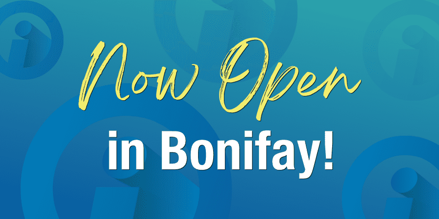 A gradient background with iMark icons. In the center, the words: Now Open In Bonifay!