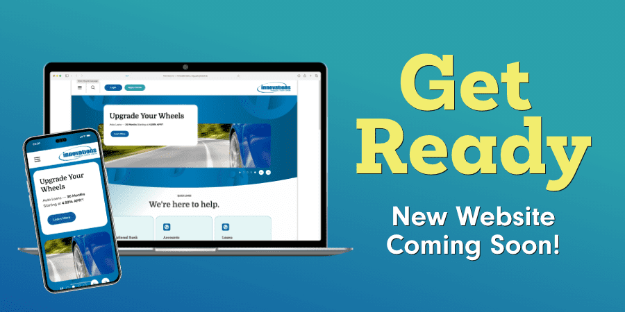 Screenshots of the new website on a laptop and mobile phone. At the right, the words: get ready new website coming soon!