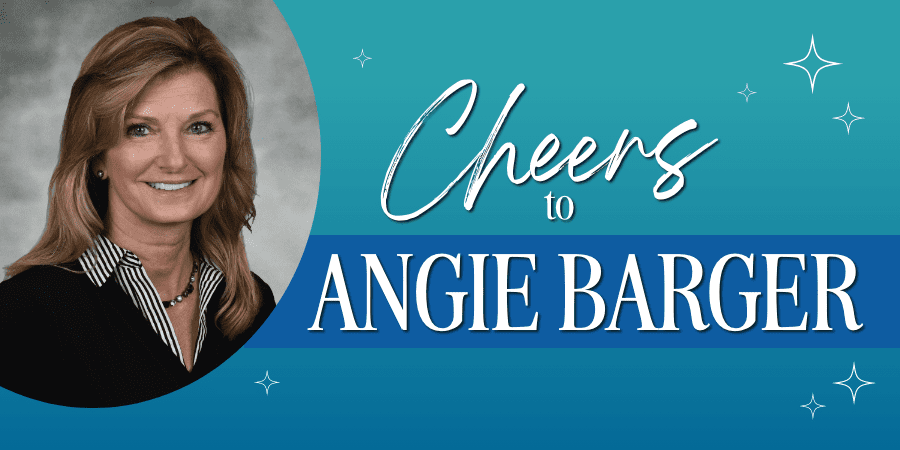 A picture of Angie Barger on the left. To the right, the words: cheers to Angie Barger.