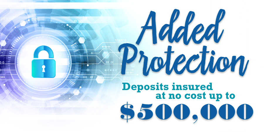 An illustration of a padlock. At the right, the words: added protection deposits insured at no cost up to $500,000