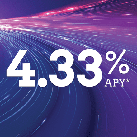 Streaks of lights against a purple-blue background. At the center, the words: 4.33% APY*