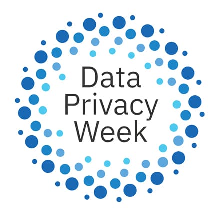 The words data privacy week surrounded by multi-colored circles of various shades of blue.
