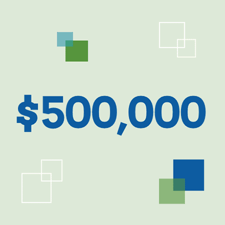 The words $500,000 against an olive, patterned background.