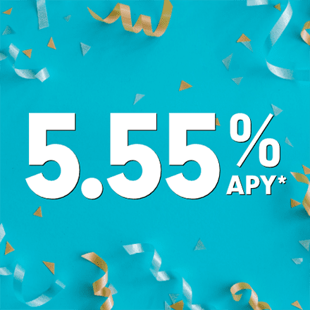 Confetti against a blue background. At the center, the words: 5.55% Apr*