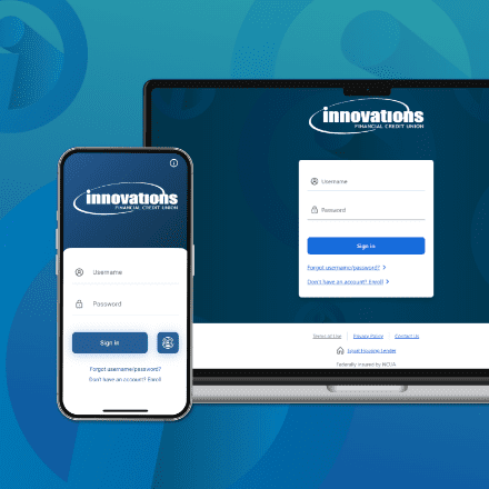 Screenshots of the Innovations mobile app and online banking home screens.