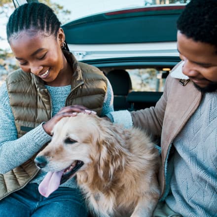 A happy African American couple sitting in the trunk of their car with their dog.