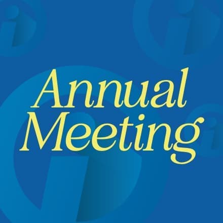 The words Annual Meeting against a blue background with imarks.