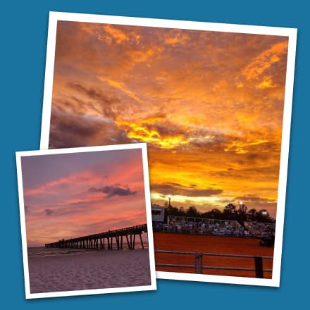 A collage of three photographs of sunsets.