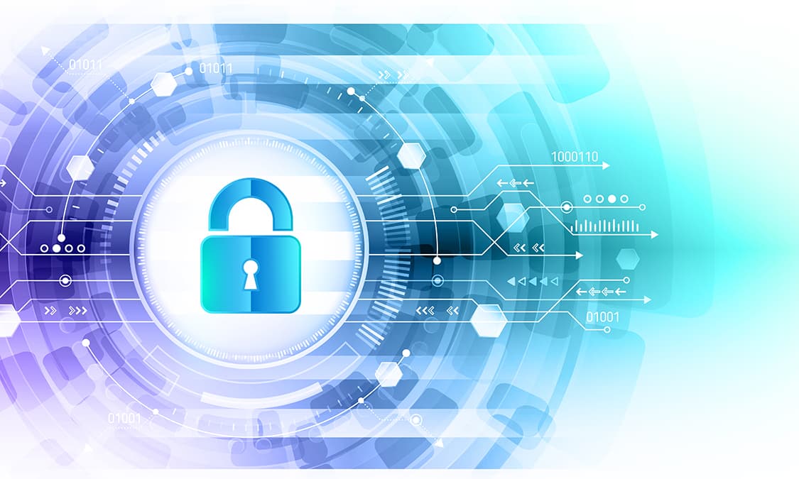 A glowing padlock at the center of a digital vortext