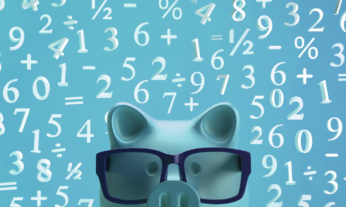 Illustration of a piggy bank wearing glasses against a background of random numbers.