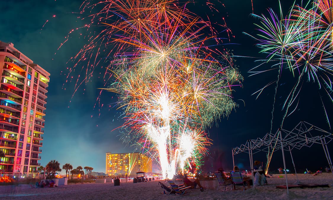 Fireworks display on a beach.