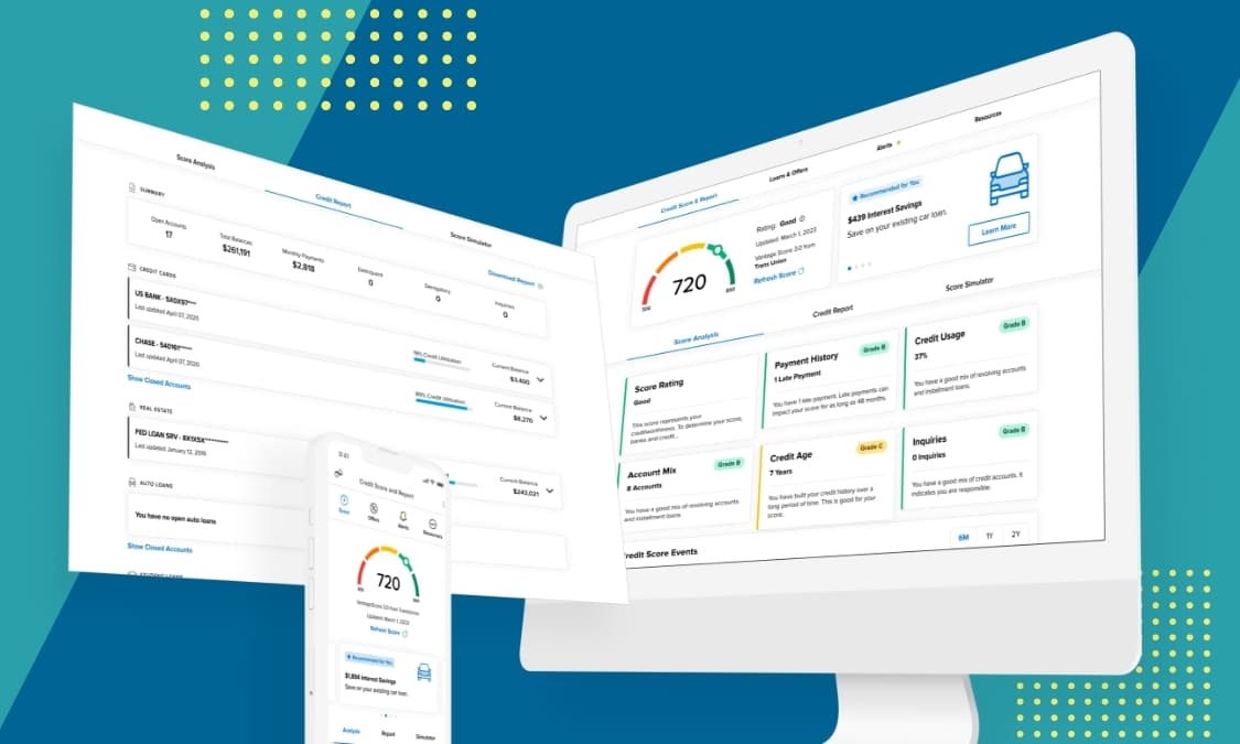 Screenshot of the Credit Score and Monitoring interface on various devices.