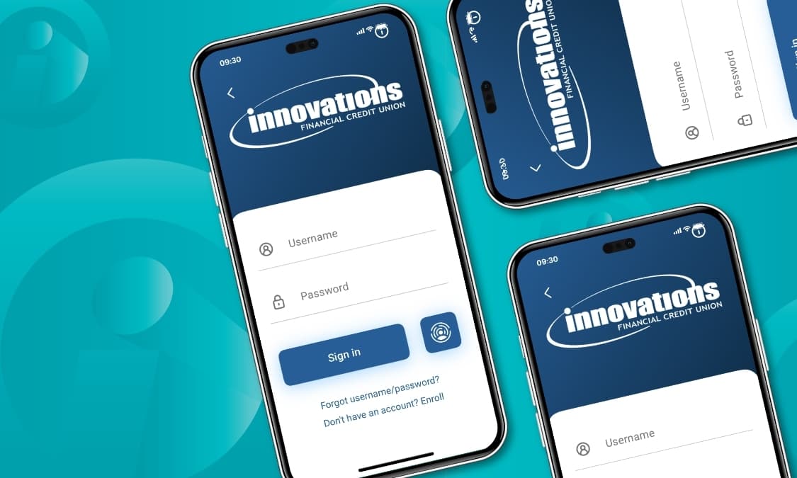 Several mobile phones with the Innovations FCU mobile banking app login screen.