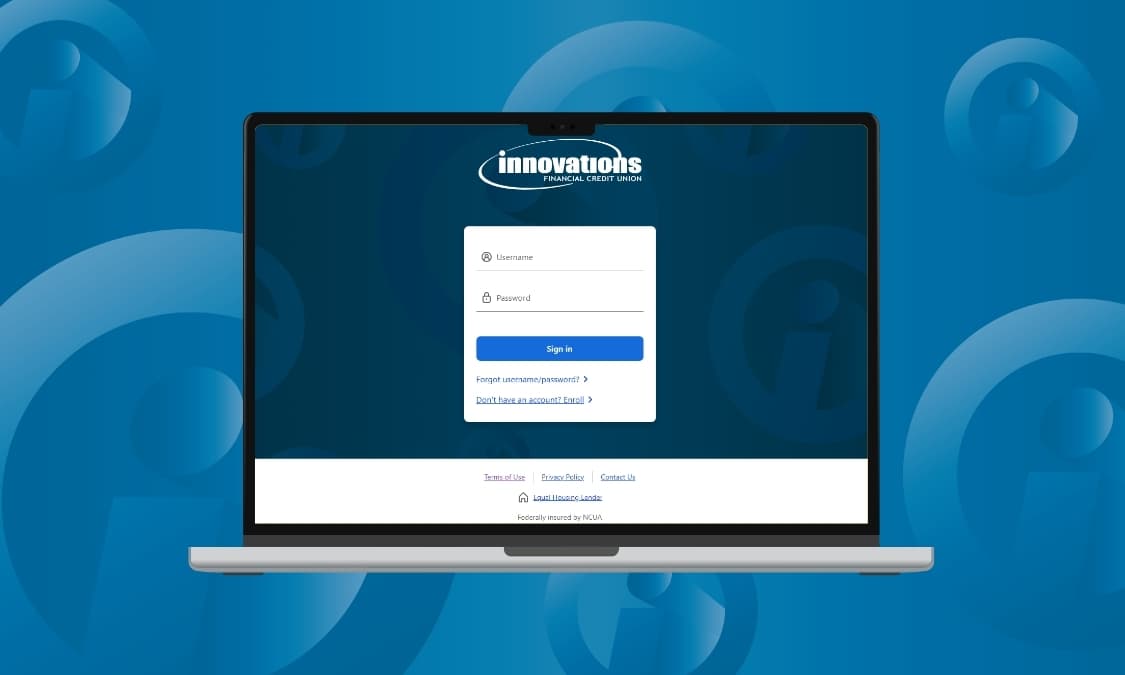 The Innovations FCU online banking login screen on a laptop.