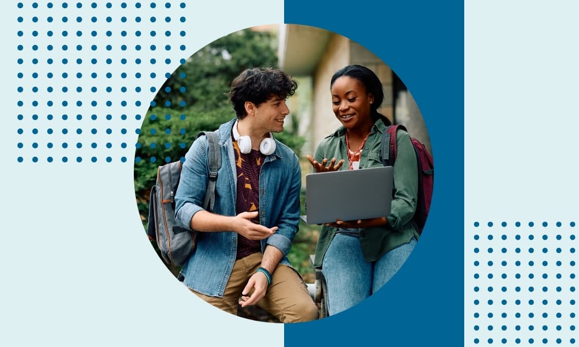 Two students with backpacks review information on a laptop while sitting outdoors on a campus walkway, surrounded by a modern blue graphic design.