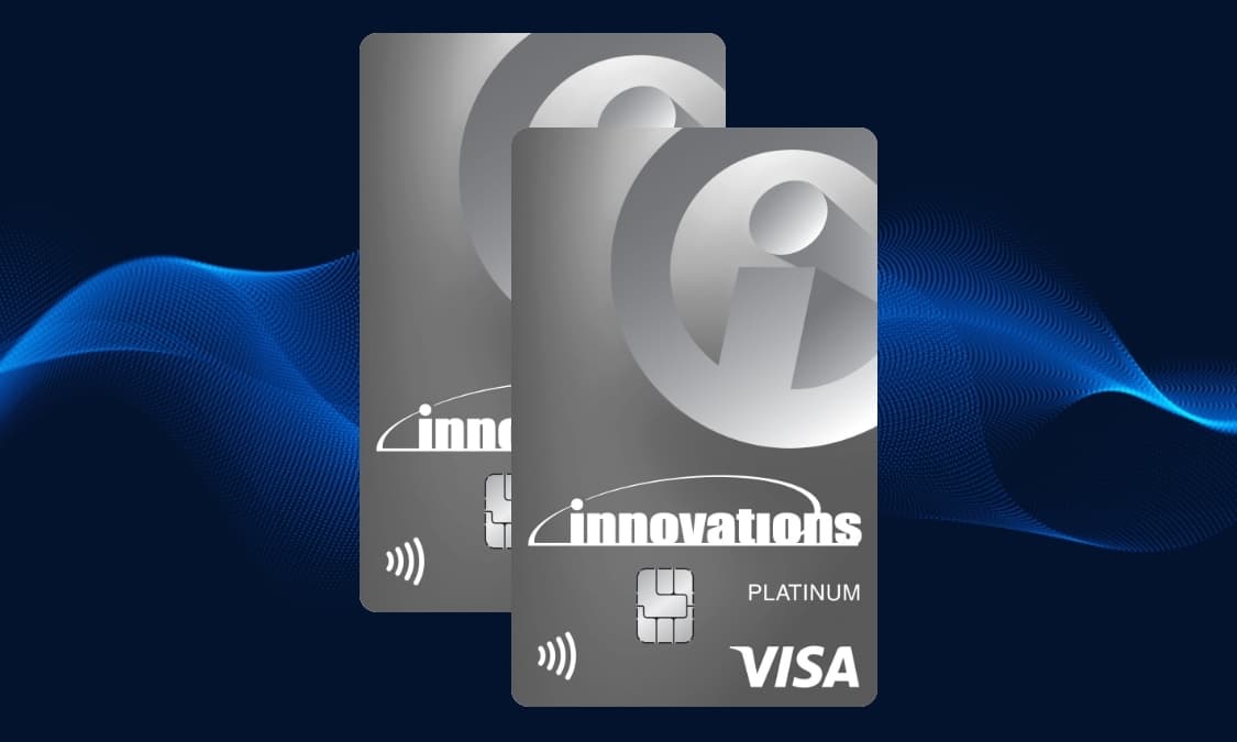 Two Innovations Visa credit cards against a pattern background.