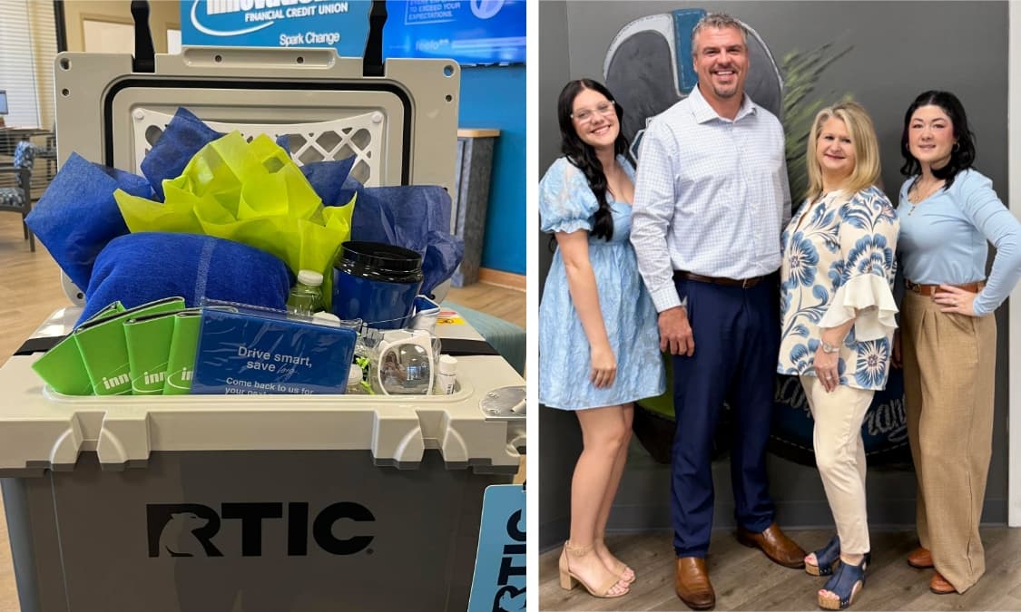 A side by side picture of an RTIC cooler and the Bonifay Branch staff with smiling faces.