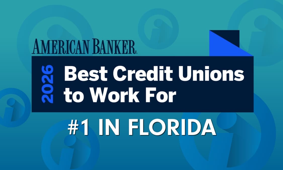 A gradient background with iMark icons. In the center, the words: American Banker 2026 Best Credit Unions to Work For #1 in Florida.