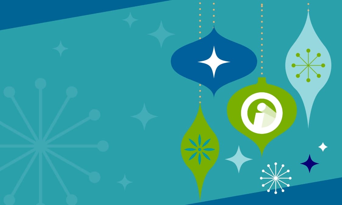 Illustration of holiday ornaments with the Innovations imark.